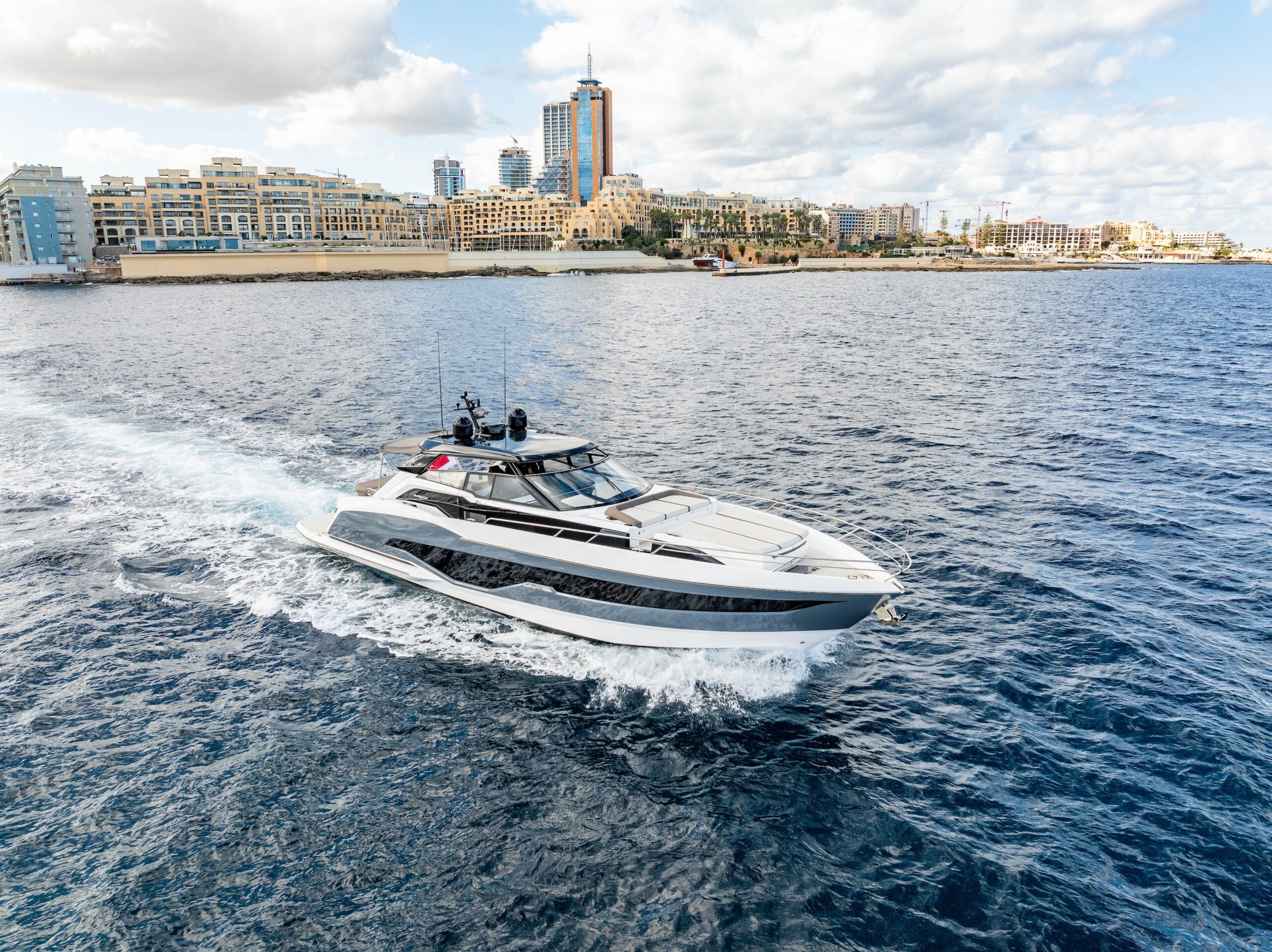 A Sunseeker Superhawk 55 under way off the Maltese coast
